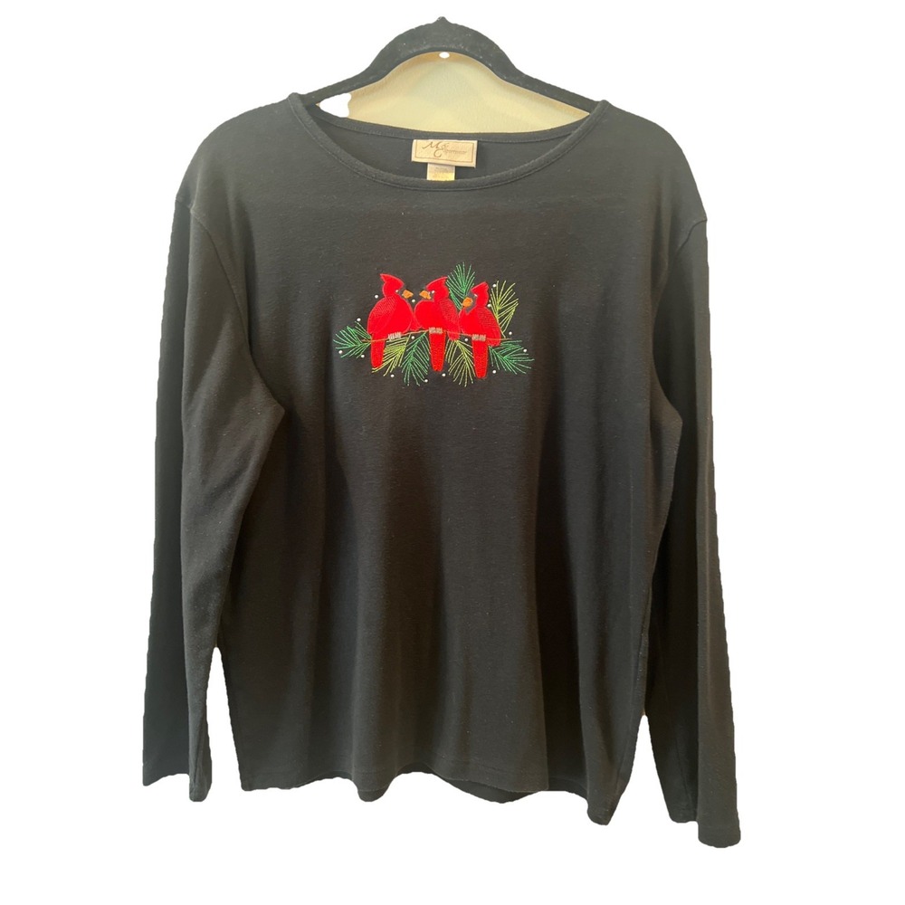 M&C Sportswear Christmas Cardinal‎ Long Sleeve Tee Women XL Vintage Embroidery